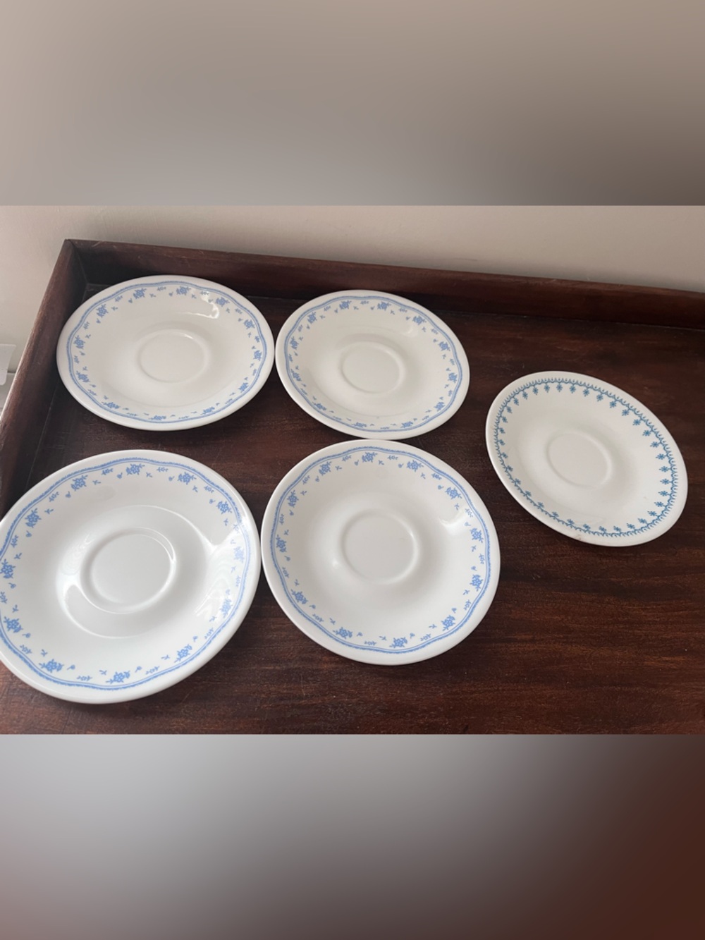 Vintage Classic Corelle White Saucer Set with Delicate Blue Floral Border 5 Pc